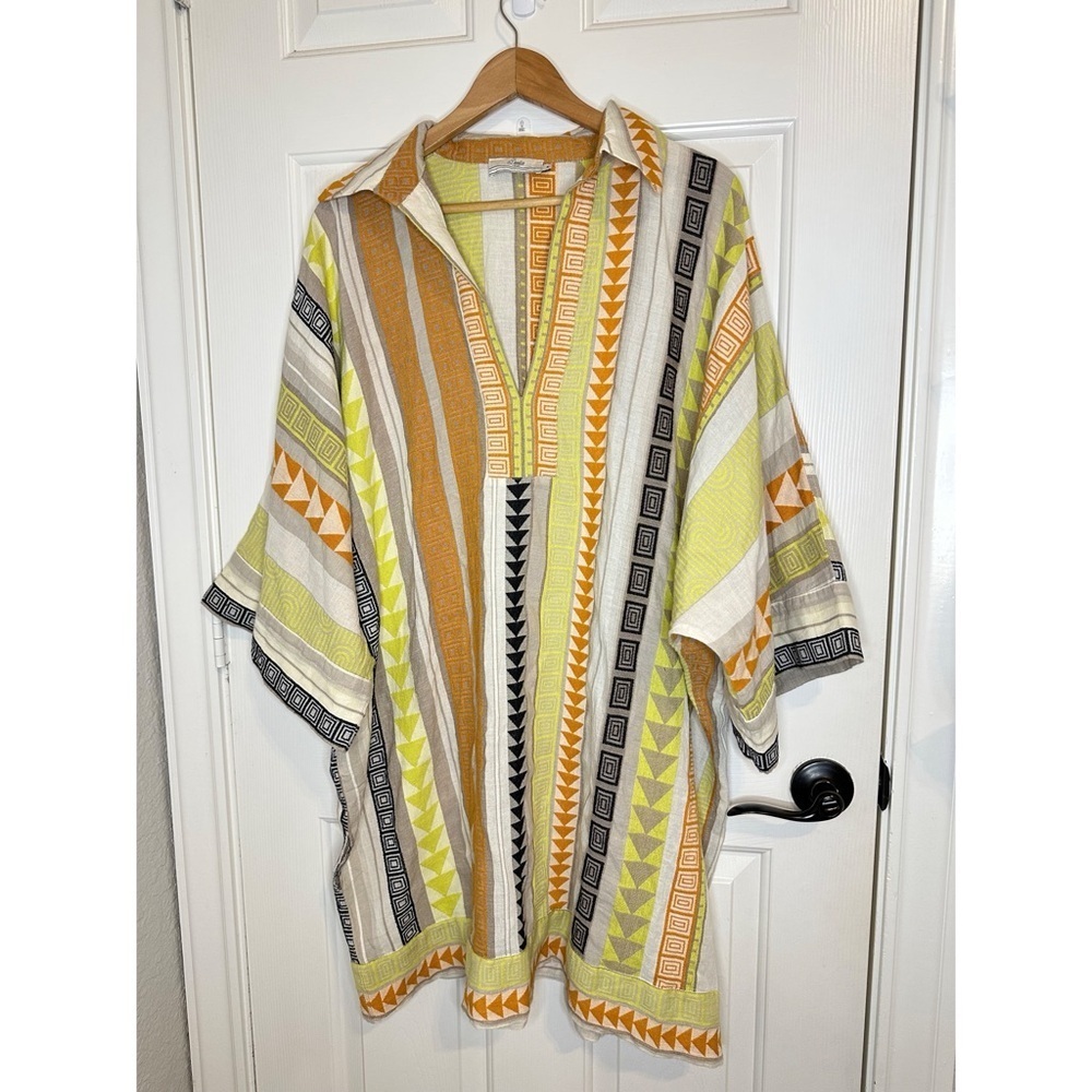 Devotion Twins Creme Yellow Embroidered Oxia Geo Kaftan Dress Sz M Boho Coastal - Picture 3 of 11